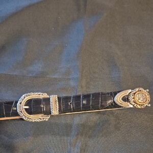 Brighton Black Leather Belt With Ornate Silver And Gold Accents Size M